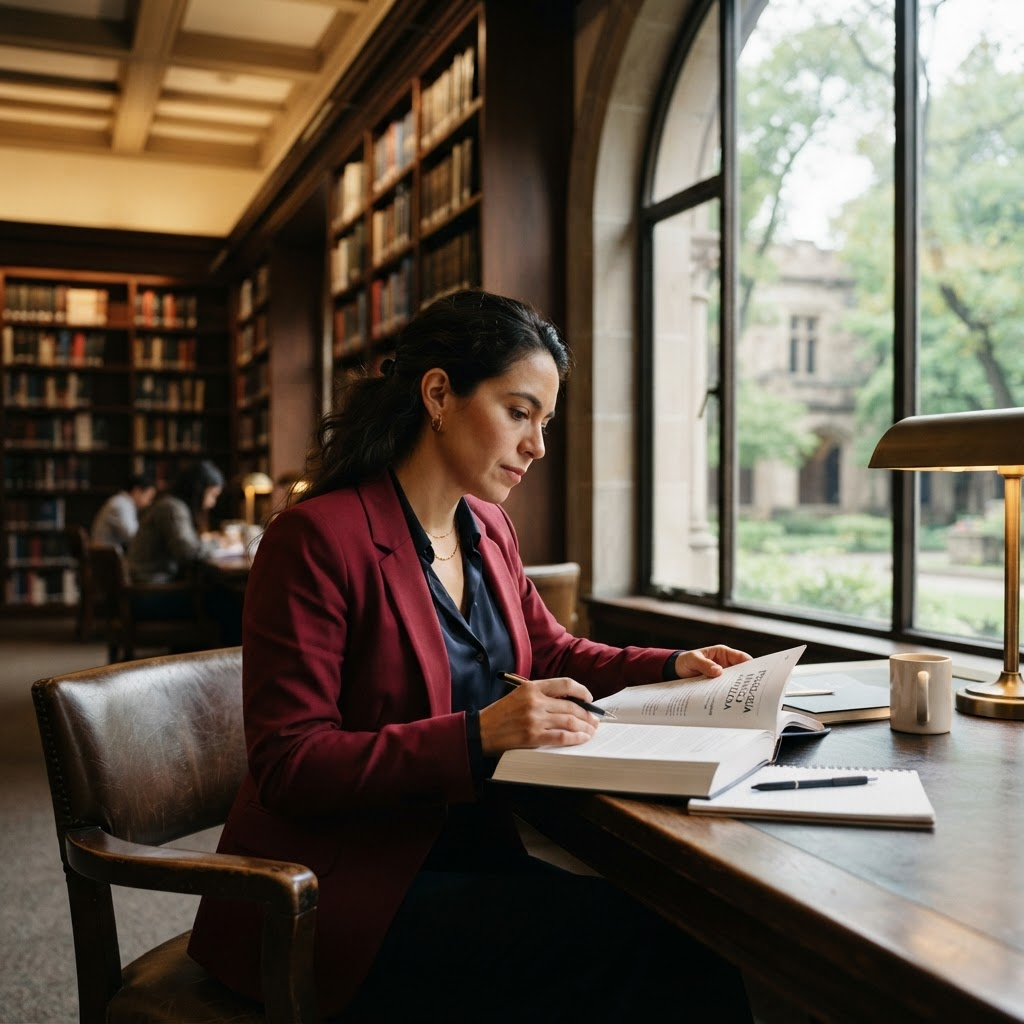 Psicóloga estudiando en una biblioteca académica